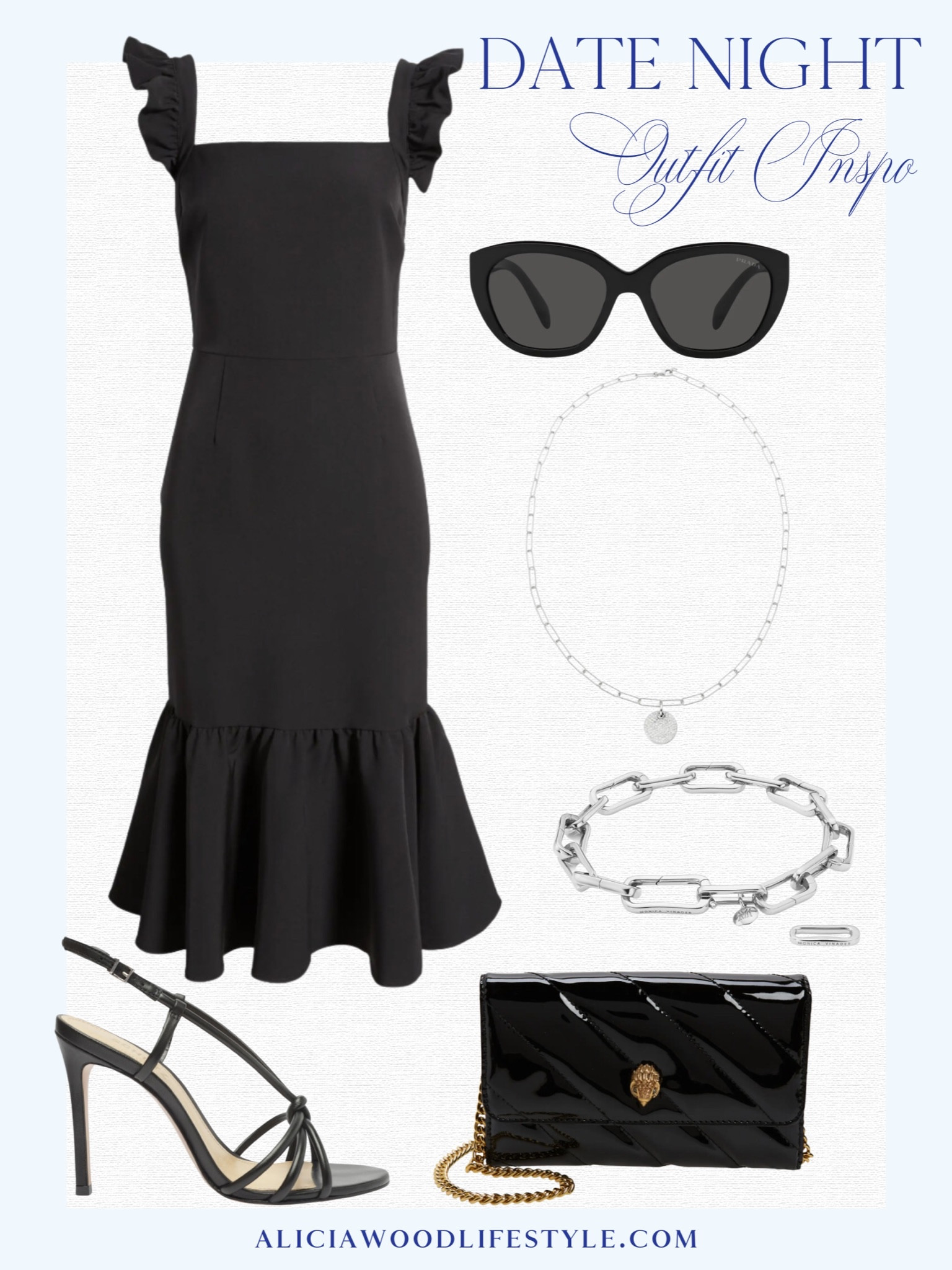 You can never go wrong with a little black dress for date night!   I’ve linked this and other favorites below.  

Black ruffle sleeve midi dress
Little Black Dress
Diamond earrings
Cubic zirconia diamond stud earrings with gold detail
Diamond stud earrings
Silver chain bracelet
Black Prada cat eye sunglasses
Kurt Geiger London shiny/glossy leather wallet crossbody handbag with gold chain
Black Schultz sling back sandal with heel 

#LTKover40 #LTKstyletip #LTKSeasonal