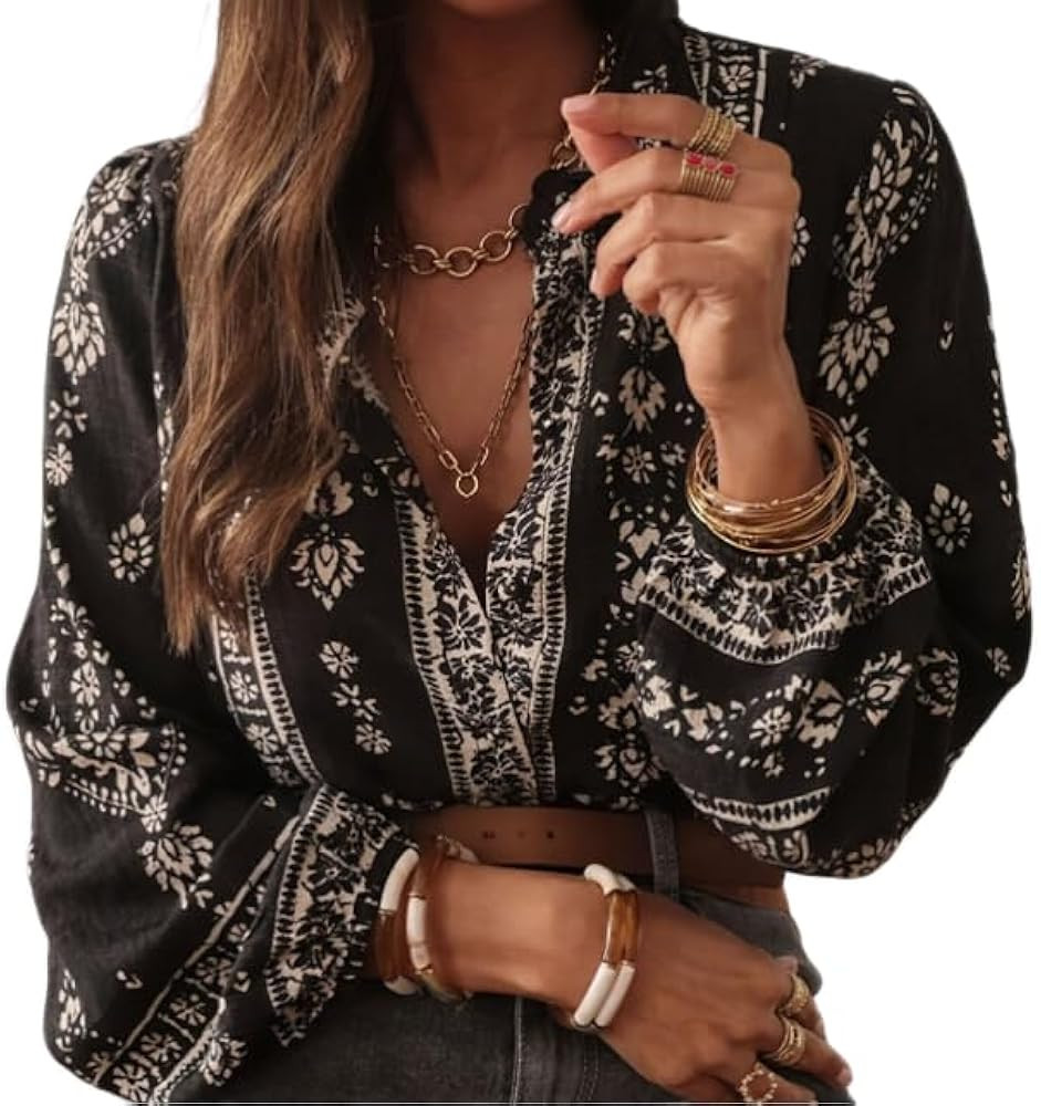 Womens Long Sleeve Button Down Cotton Linen Shirt Western Cowgirl Vintage Elegant Boho Floral Pri... | Amazon (US)