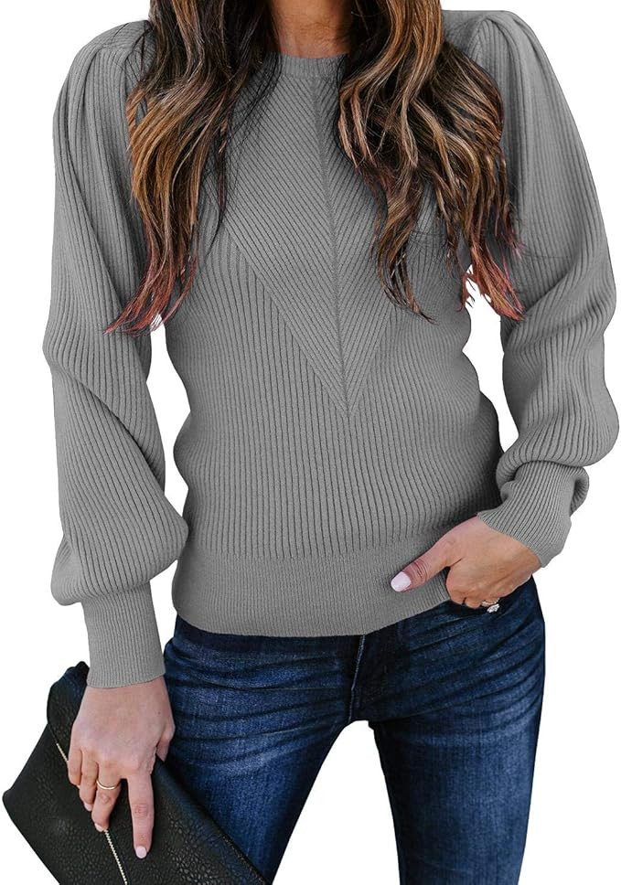 Huiyuzhi Womens Puff Sleeve Pullover Sweaters Crew Neck Soft Slim Fit Solid Color Knitted Jumper | Amazon (US)