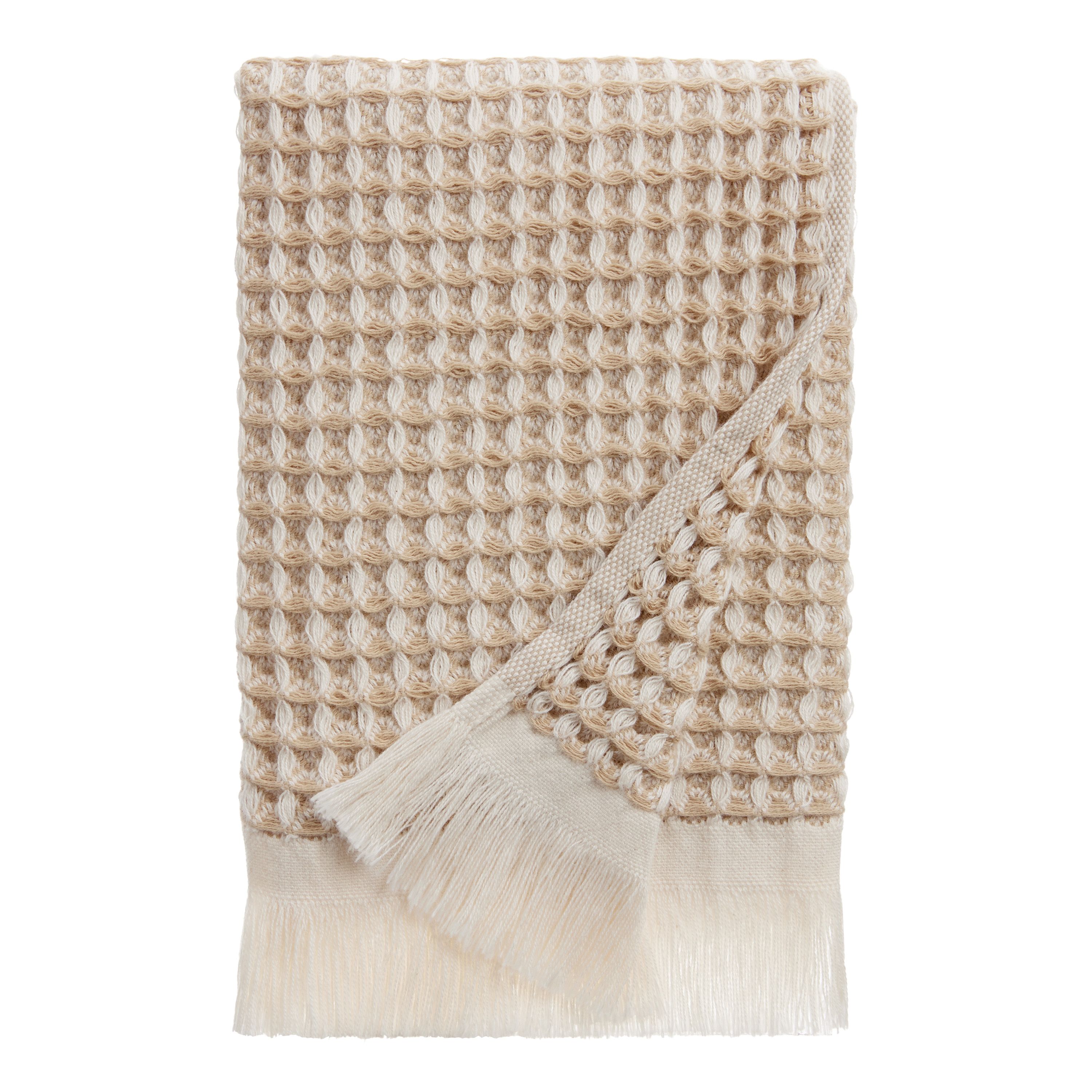 Sand and Ivory Waffle Weave Cotton Hand Towel - World Market | World Market