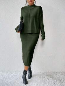 EMERY ROSE Women's Solid Color Stand Collar Drop Shoulder Long Sleeve Sweater And Knit Midi Skirt... | SHEIN