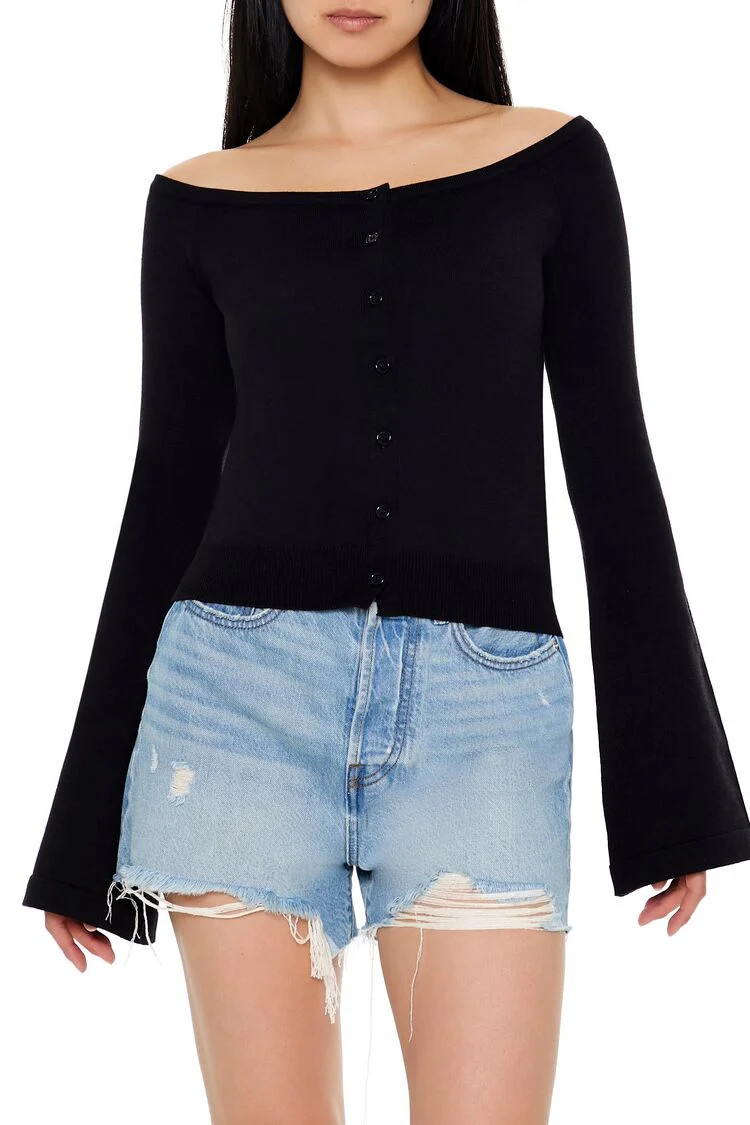 Women's Boat Neck Cardigan Sweater in Black, XL | Forever 21