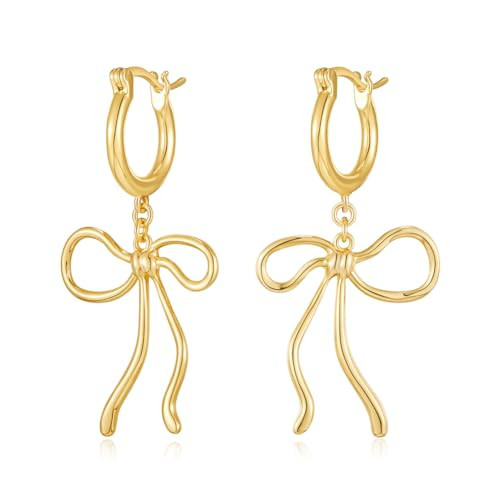 FAUTHENTICUTE Gold Bow Dangle Earrings For Women Gold Bowknot Huggie Hoop Earrings Long Ribbon Dangle Earrings | Amazon (US)