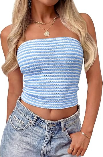 ZESICA Women's Striped Strapless Crop Knit Tube Tops | Slim Fit, Sexy Backless, 2026 Summer Sleev... | Amazon (US)