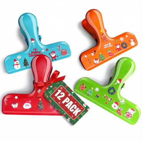 12 Pack Stainless Steel Chip Bag Clips - 4 Colors with DIY Christmas Stickers - Airtight Seal, Heavy Duty, 3 Inch, Perfect for Kitchen & Office Storage, No Sharp Edges, Fun & Functional | Amazon (US)
