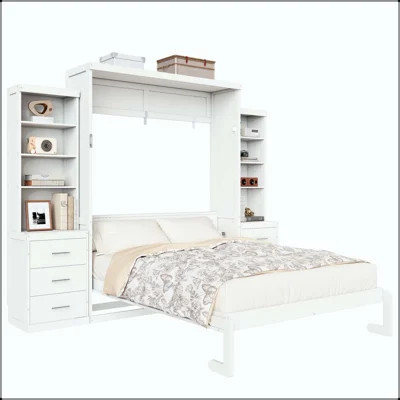 Queen Size Murphy Bed with Storage Shelves and Drawers – White | Wayfair North America