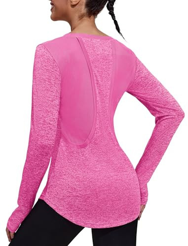 PINSPARK Long Sleeve Athletic Tops for Women, Active Quick Dry Yoga Tops with Crew Neck for Hiking Jogging Camping, Hot Pink M | Amazon (US)
