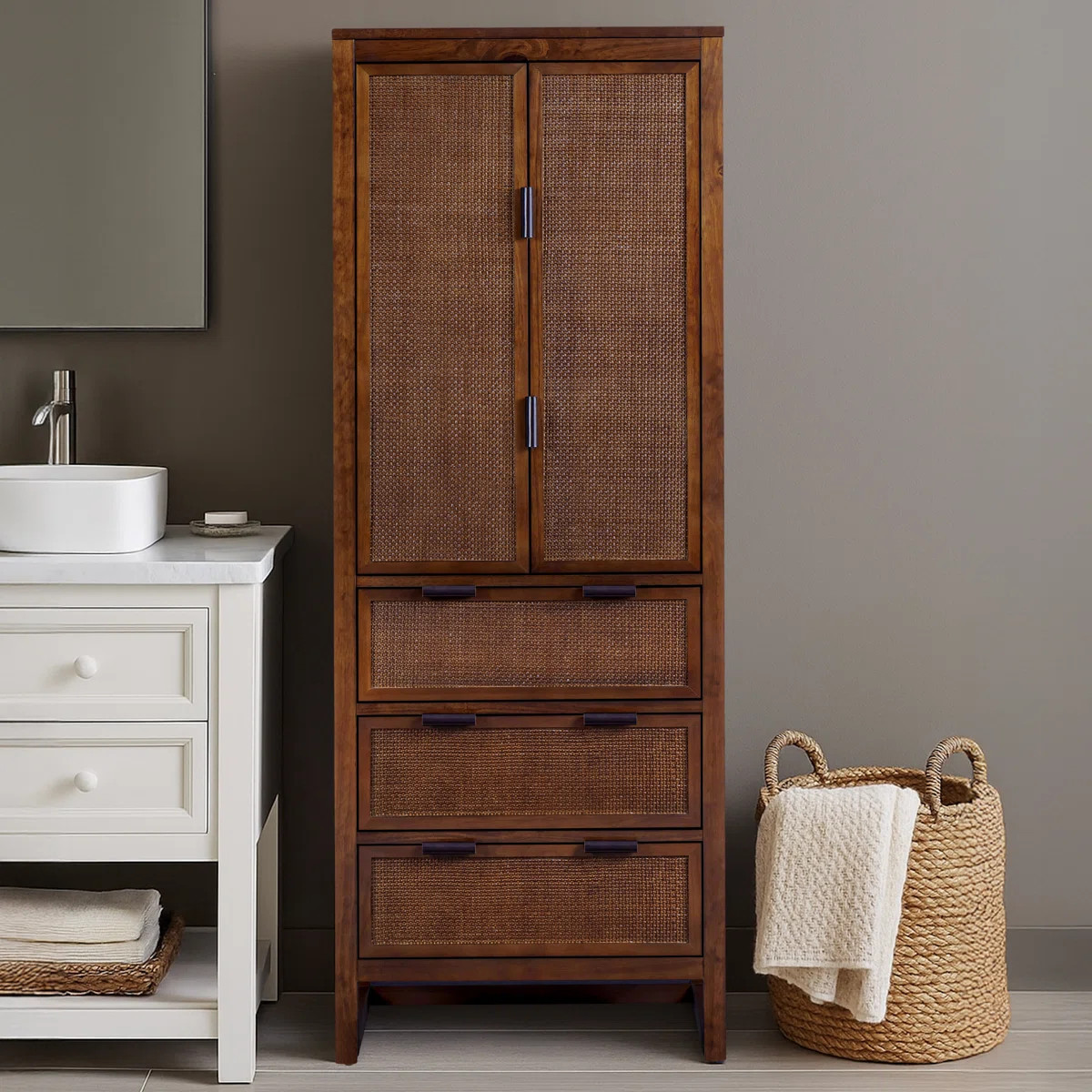 Modern Boho Solid Wood Linen Cabinet Storage with Drawers, Rattan Inlay Doors & Adjustable Shelve... | Wayfair North America