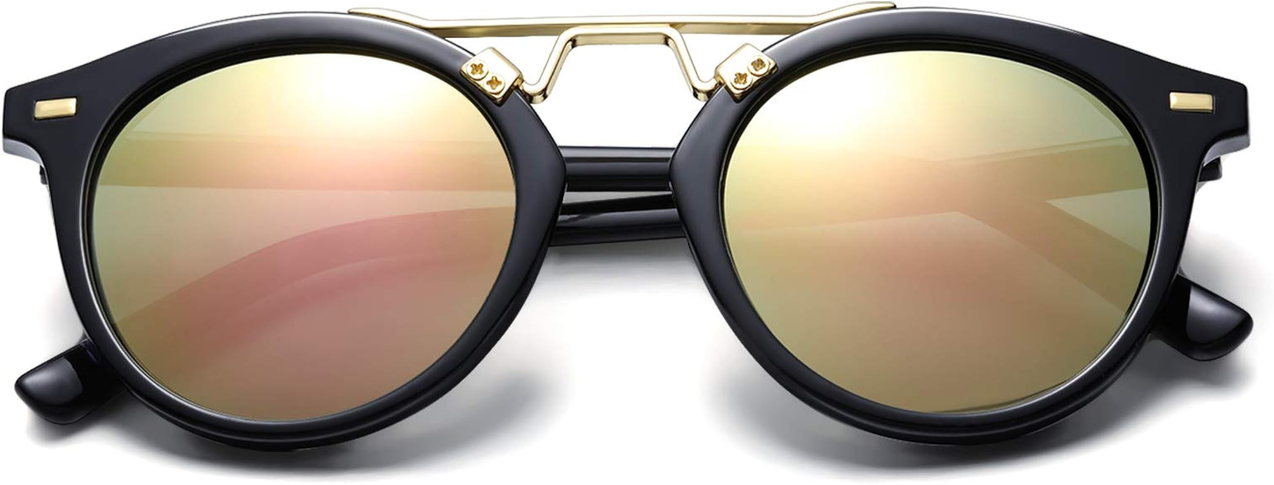 Womens Sunglasses Vintage Retro Round Mirrored Lens Horned Rim Sunglasses | Amazon (US)