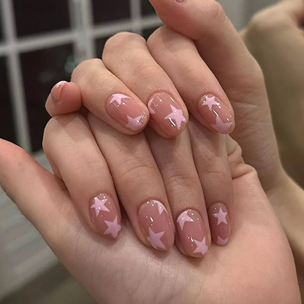 MERVF Oval Press on Nails Medium Fake Nails Pink Star Glue ons Solid Color Design Round Acrylic Y... | Amazon (US)