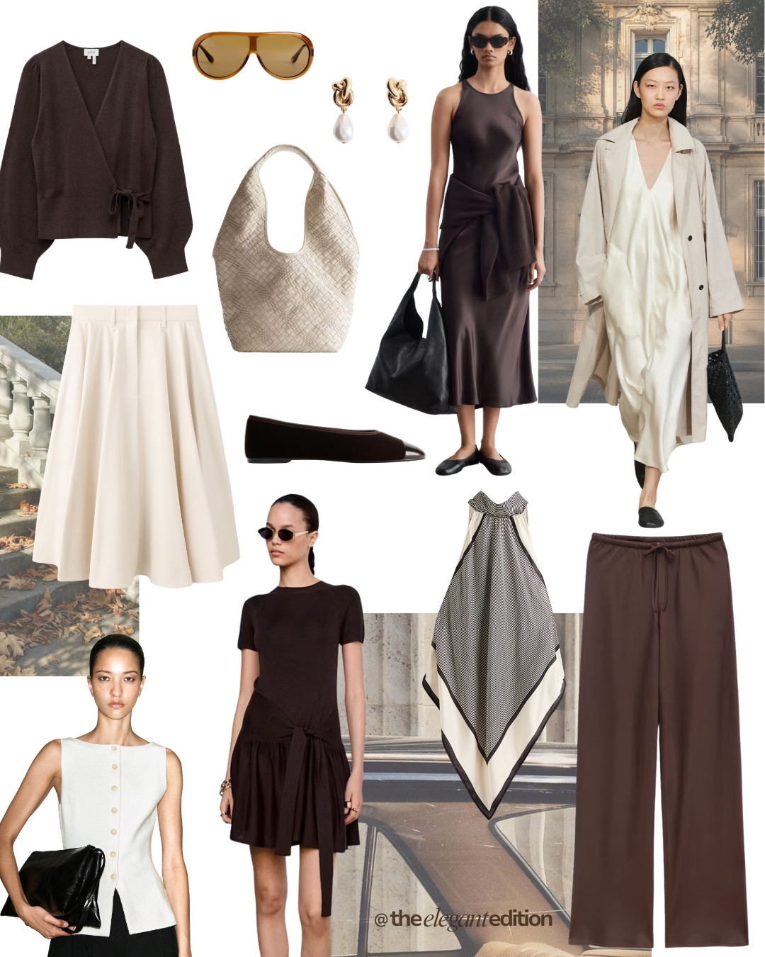 SUMMER TO PRE-FALL EDIT 🤎🤍 — Brown wrap cardigan, tortoise sunglasses, gold pearl drop earrings, woven ivory tote, cream A-line skirt, brown cap-toe ballet flats, brown tie-front mini dress, black & cream striped scarf, brown drawstring trousers and white button-front top.
#oldmoney #quietluxury #summertofall #LTKfall #LTKstyletip 

 #LTKFashionMonth #LTKeurope #LTKautumn