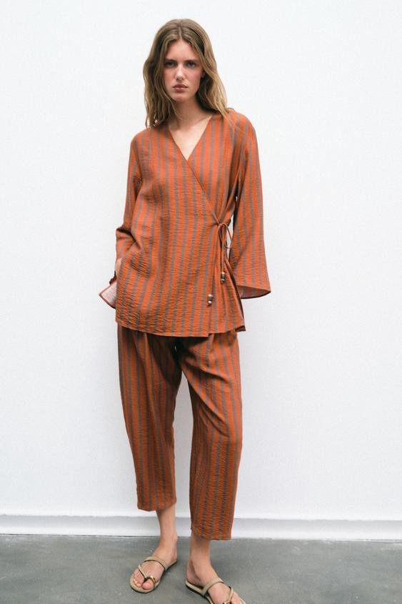 Zara - Elastic Waist Striped Pants - Burnt Orange - Xs - Woman | Zara US