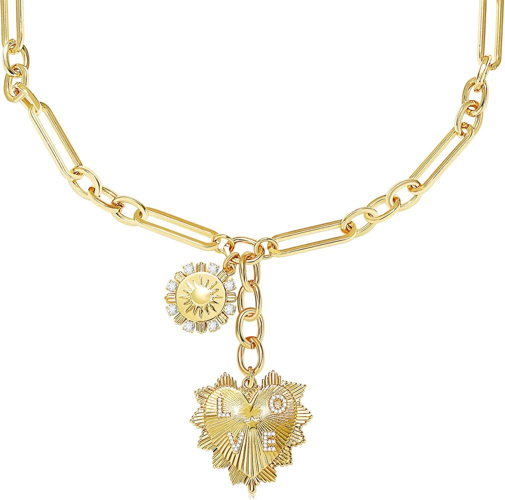 Gold Love Heart Sun Charm Chunky Paperclip Chain for Women Trendy 18K Gold Plated Coin Sunflower ... | Amazon (US)