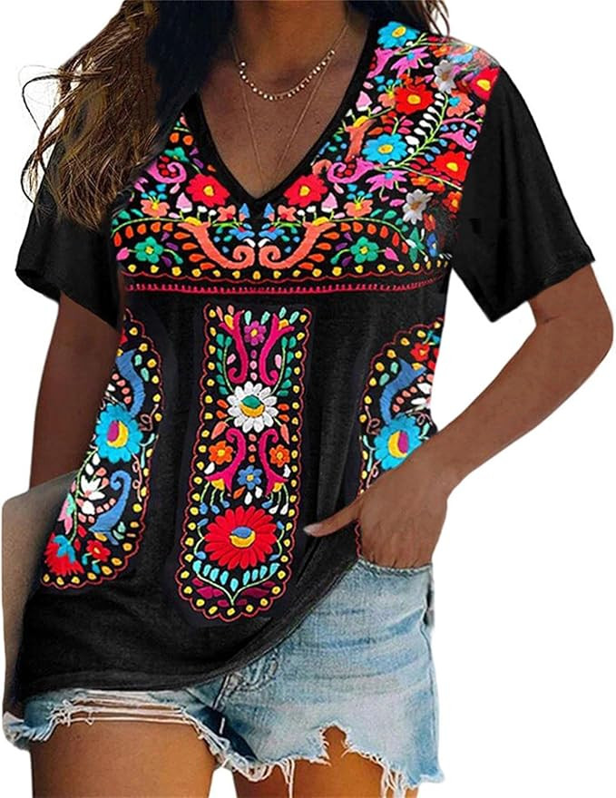 Melliflo Short Sleeve Mexican Tee Shirts for Women Floral Embroidered Loose Tops Ethnic Style Boh... | Amazon (US)