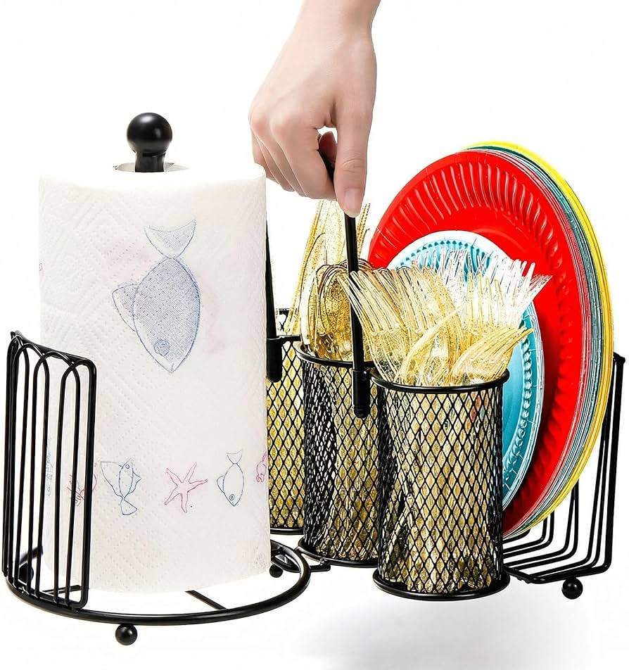 Elsjoy Picnic Utensil Holder Caddy with Handle & Paper Towel Holder, Metal Silverware Organizer P... | Amazon (US)