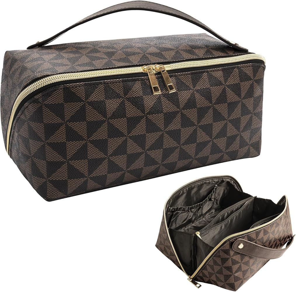 DIYOOHOMY Brown Checkered Makeup Bag Large Capacity Lay Flat Cosmetic Bag With Compartments Trave... | Amazon (US)