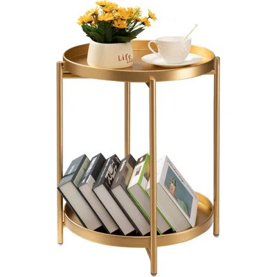 2 Tier Gold Side Table, Folding Round Metal End Table Small Nightstand with Two Removable Tray for Bedroom Living Room Small Spaces Bedside Gold | Wayfair North America