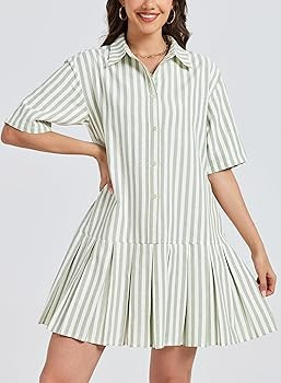 Ladyful Womens Short Sleeve Striped Shirt Dress Button Down Mini Dress Casual Loose Pleated Summe... | Amazon (US)