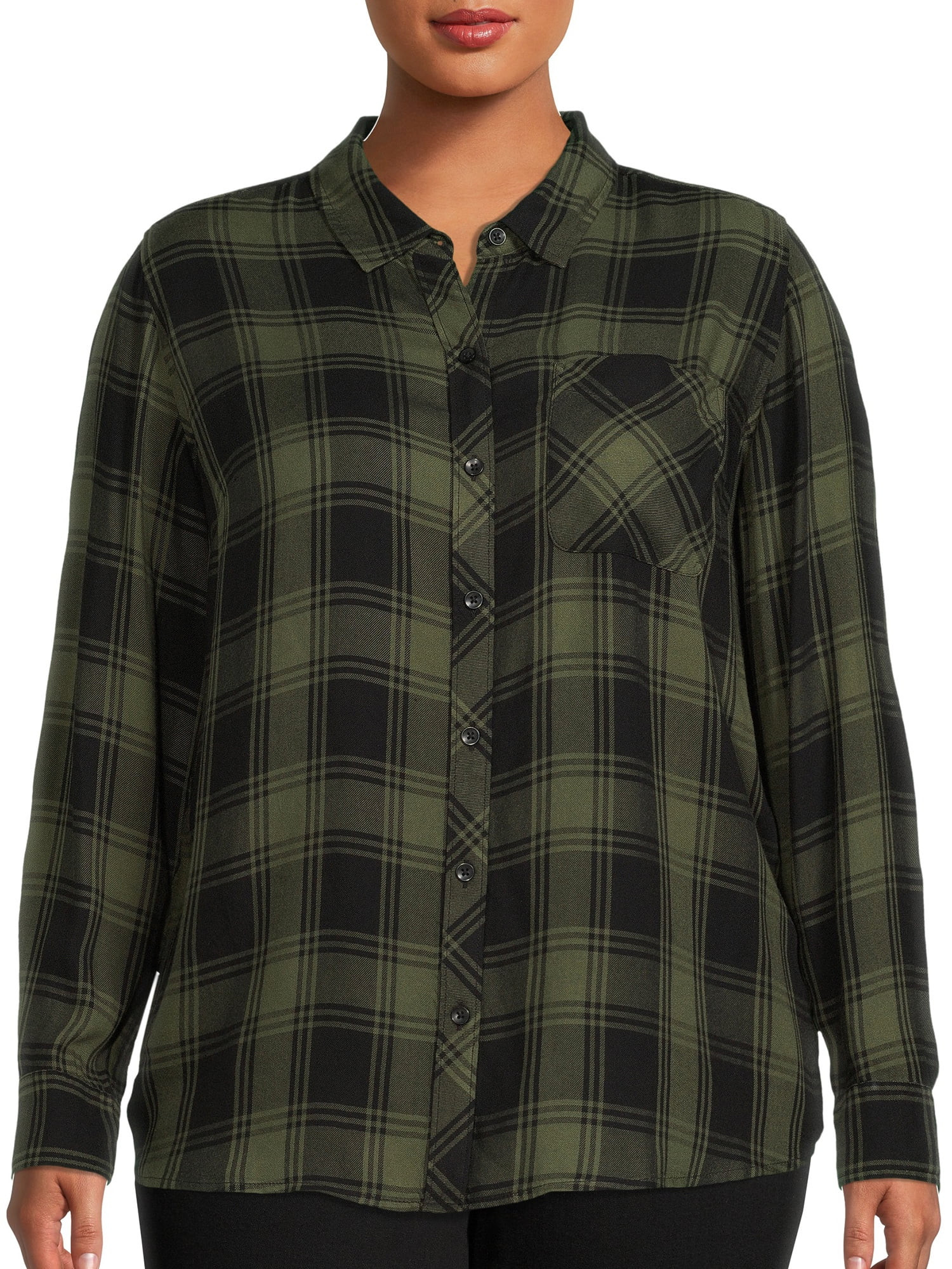 Terra & Sky Women's Plus Size Plaid Button-Down Shirt | Walmart (US)