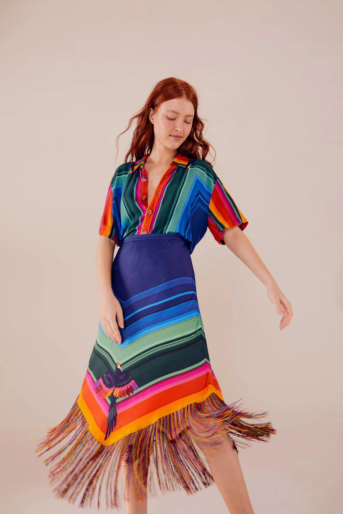 RAINBOW MACAWS SCARF FRINGE MIDI SKIRT | FarmRio (US)