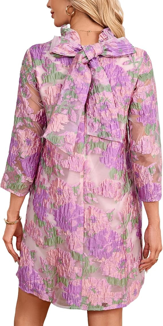 Women's Floral Jacquard Shift Dress Mini 3/4 Sleeve Ruffle Collar Bow Tie Elegant Cocktail Party ... | Amazon (US)