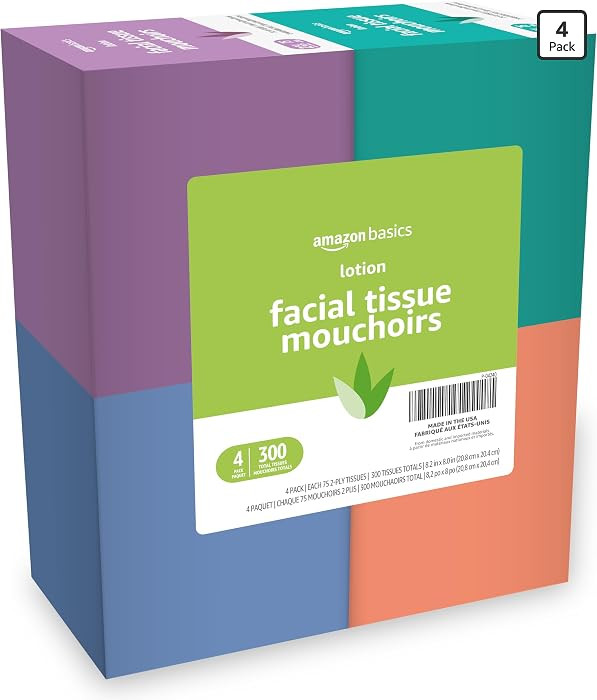 Amazon Basics Facial Tissues with Lotion, 2-Ply, 300 Count (4 Boxes, 75 Tissues per Box), Packagi... | Amazon (US)