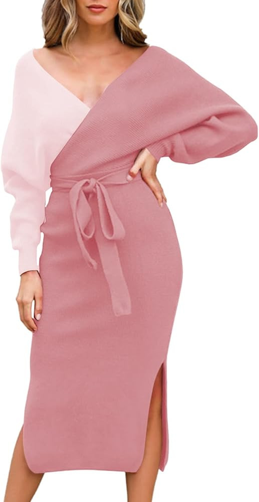 Fixmatti Women's Elegant V Neck Wrap Knit Dresses Batwing Sleeve Backless Slit Maxi Dress with Be... | Amazon (US)