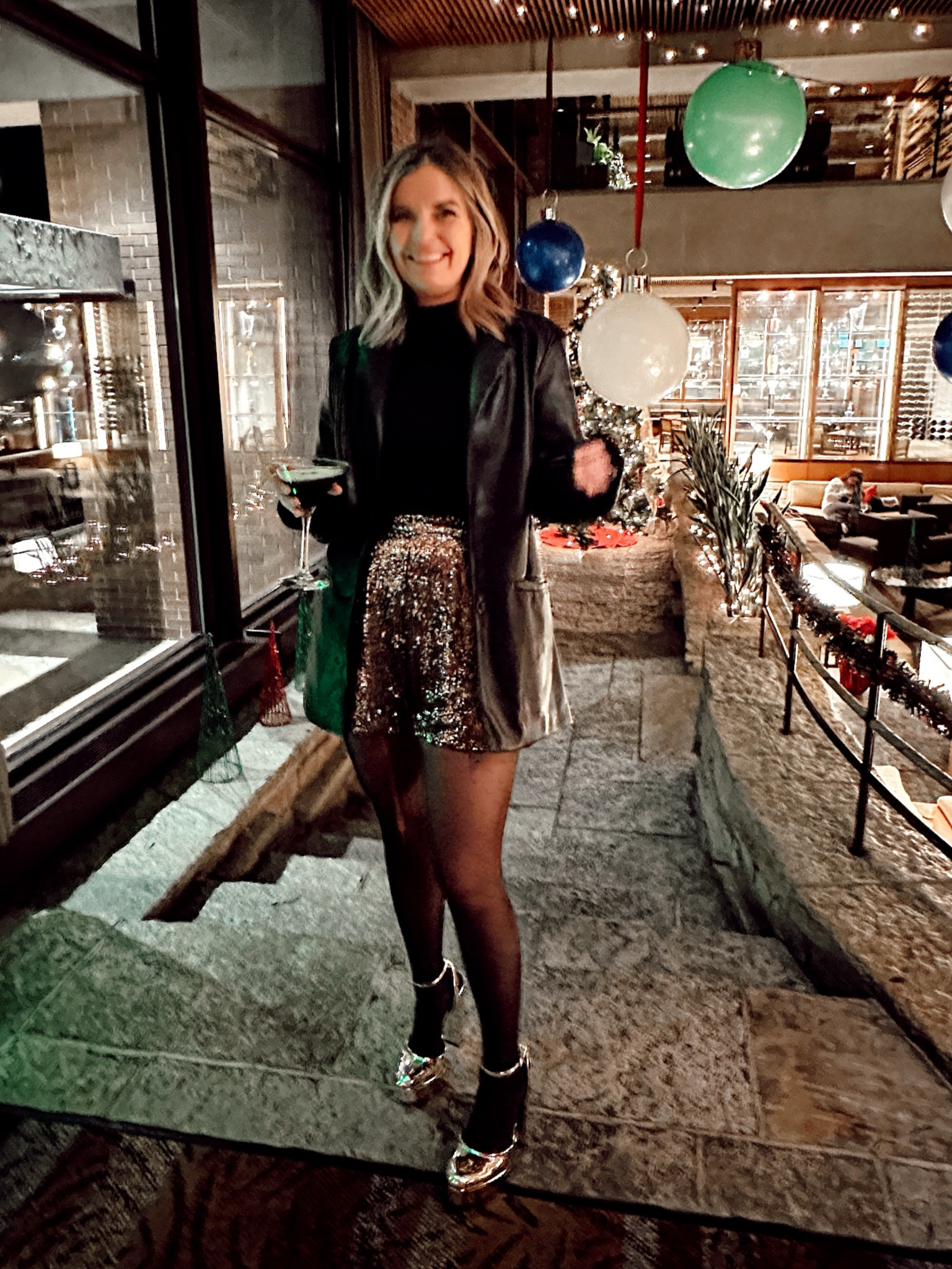 Festive holiday fit. Sequin Shorts run a little big. Wearing small could have done an xs. Oversized leather blazer run tts wearing small 

#LTKparties #LTKHoliday #LTKsalealert