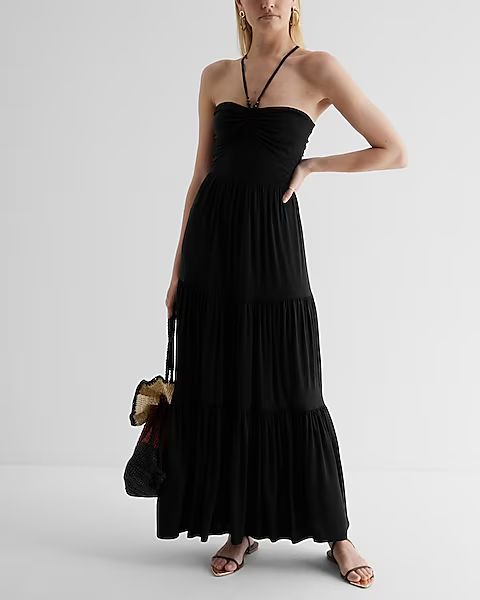 Halter Neck Ruched Strappy Back Tiered Maxi Dress | Express