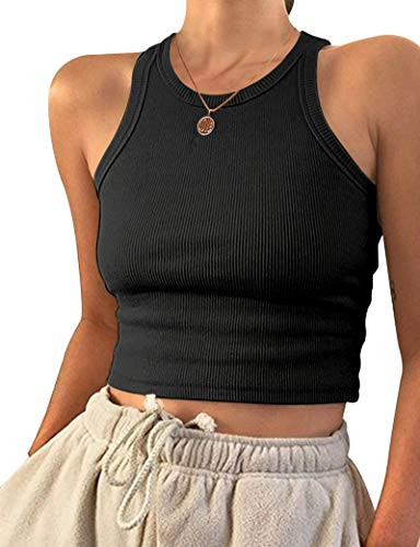 AUSELILY Crop Tops for Women Cropped Tank Tops for Women Black Ribbed Crop Tank Medium | Amazon (US)