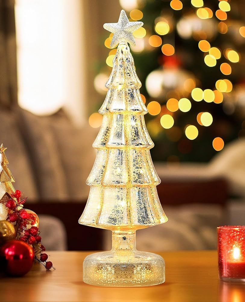 AceList Glass Christmas Tree with LED Lights, Tabletop Christmas Tree Decoration with Battery Ope... | Amazon (US)