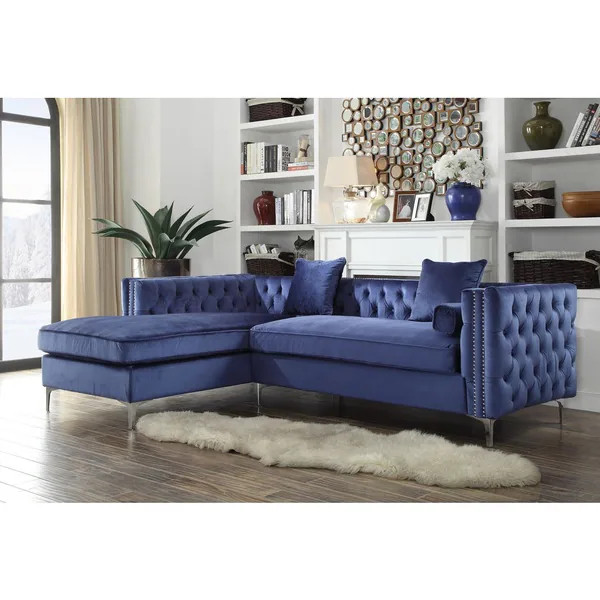 Chic Home Monet Velvet Silver Nailhead Trim Y-leg Left Facing Sectional Sofa, Navy | Bed Bath & Beyond