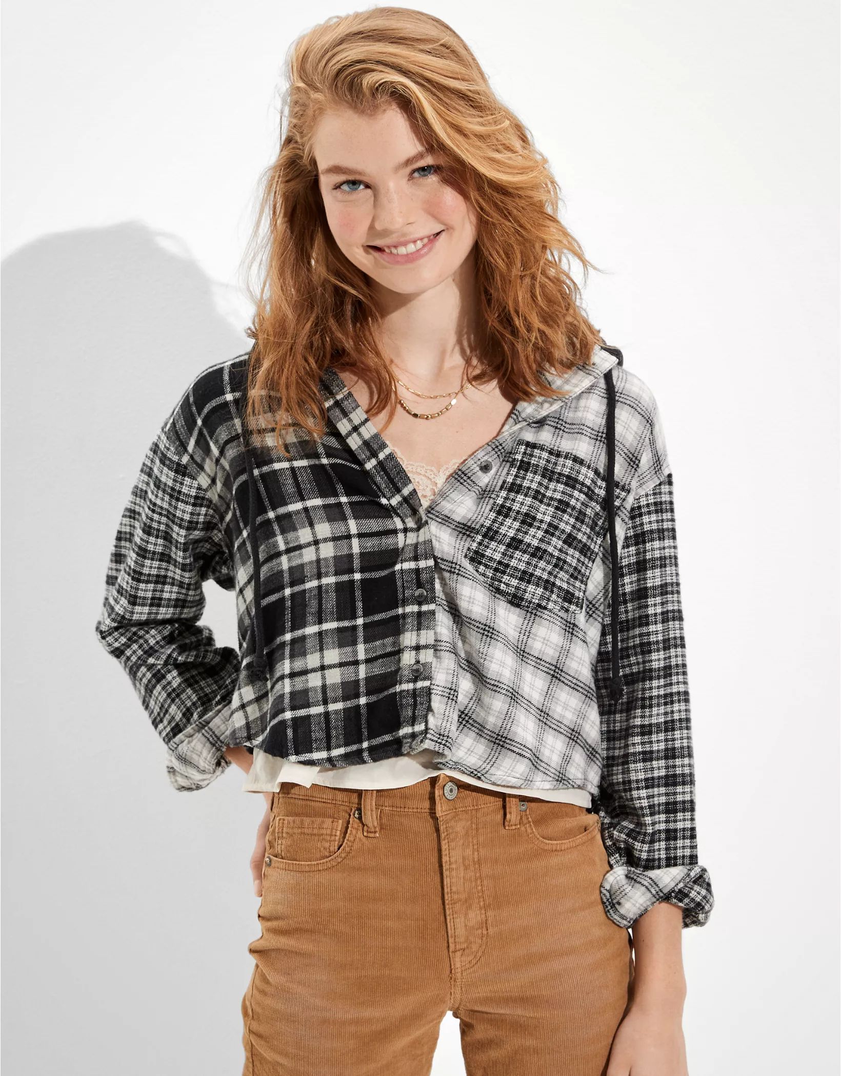 AE Cozy Cabin Cropped Hoodie Flannel | American Eagle Outfitters (US & CA)