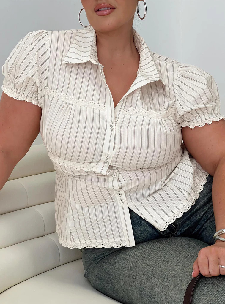 Deserve You Puff Sleeve Button Front Top Cream Stripe Curve | Princess Polly US