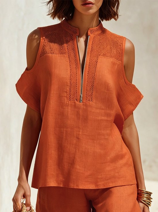 Cotton Casual Plain Zipper Mock Neck Blouse | Stylewe
