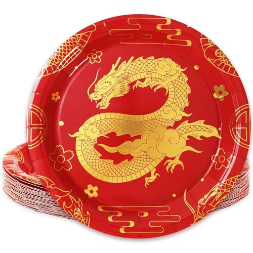 Whaline 24Pcs Chinese New Year Paper Plates Gold Foil Dragon Disposable Plates Red Gold Dinner Plates Spring Festival Dessert Plates for Holiday Party Table Decor Supplies, 9 Inch | Amazon (US)
