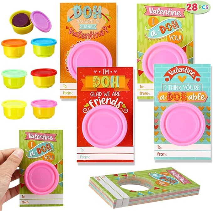 JOYIN 28 Pcs Valentines Day Gift Cards with Colorful Playing Dough for Kids Valentine Party Favor... | Amazon (US)