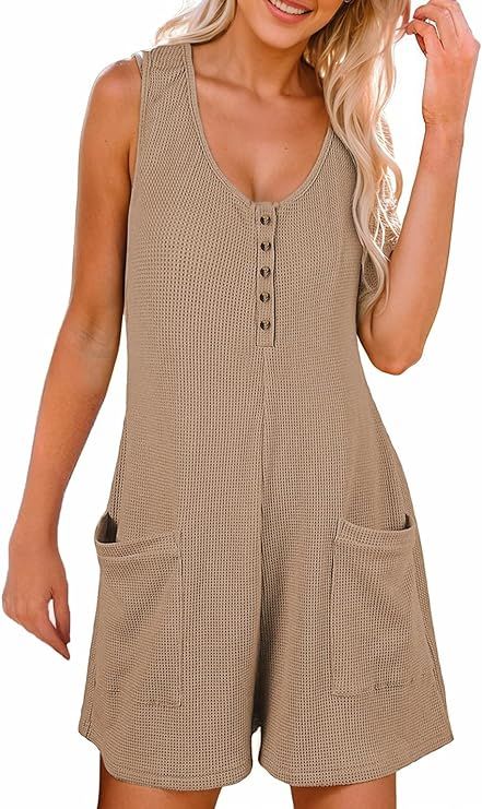 AlvaQ Womens Short Jumpsuits Solid Color Summer Casual Waffle Button Front Sleeveless Rompers wit... | Amazon (US)