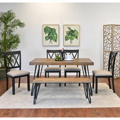 6-Piece Dining Set, Hairpin Dining Table With 4 Cross-Back Chairs And Bench, Rich Black | Wayfair North America