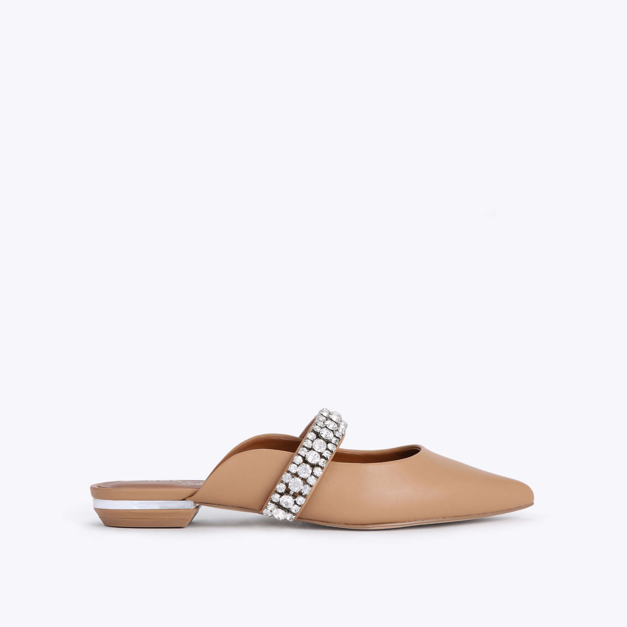 PRINCELY Camel Leather Crystal Strap Flat Mules by KURT GEIGER LONDON | Kurt Geiger (Global)