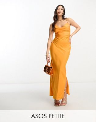 ASOS DESIGN Petite satin cami maxi slip dress with lace up back in orange | ASOS (Global)