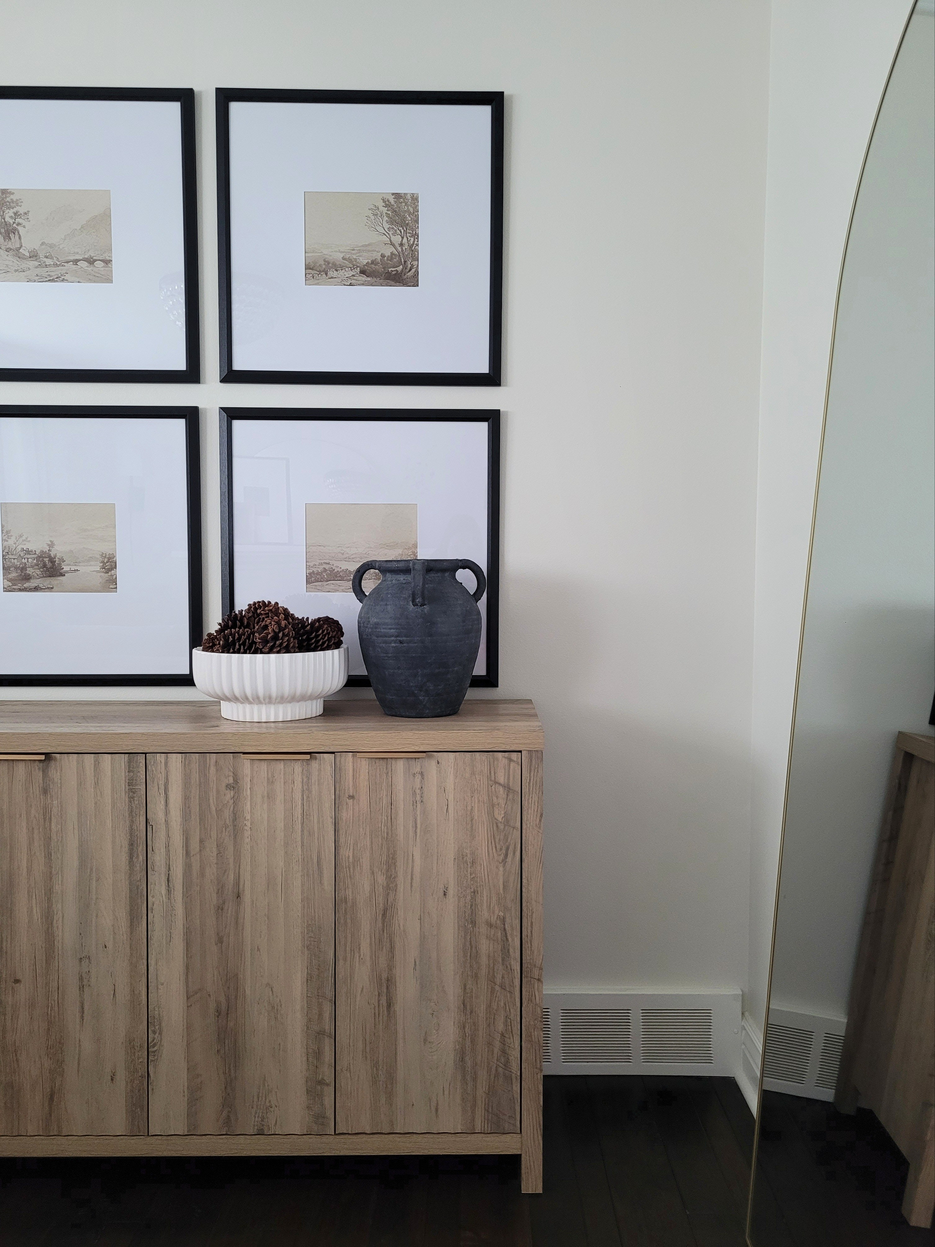 Living room gallery wall with console storage cabinet and floor mirror! Amazon cabinet,  amazon floor mirror,  gallery frame,  wall art, etsy art, landscape art, fluted cabinet,  console table styling

#LTKHome #LTKFindsUnder50 #LTKSaleAlert