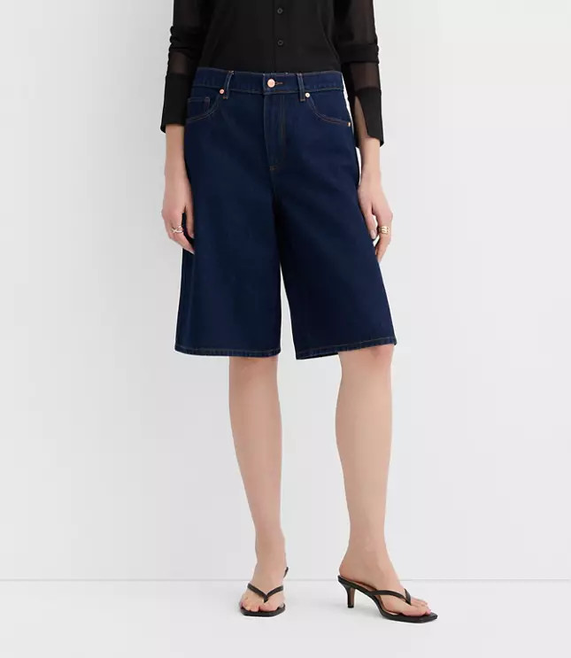 Rivete Tall Curvy High Rise Denim Bermuda Shorts in Dark Rinse | LOFT