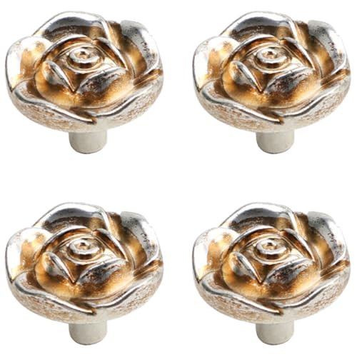 Tverghvad Antique Rose Flower Cabinet Knobs, [4 Pack] Vintage Zinc Alloy Rose Drawer Knobs, Decorative Knobs for Kitchen, Cupboard, Cabinets and Dresser Drawers, Silver | Amazon (US)