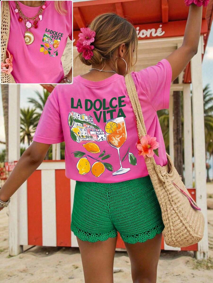 SHEIN PariChic Women T-Shirt,Casual Street Style Graphic Short Sleeve Cute Summer Top,Hot Pink,Su... | SHEIN