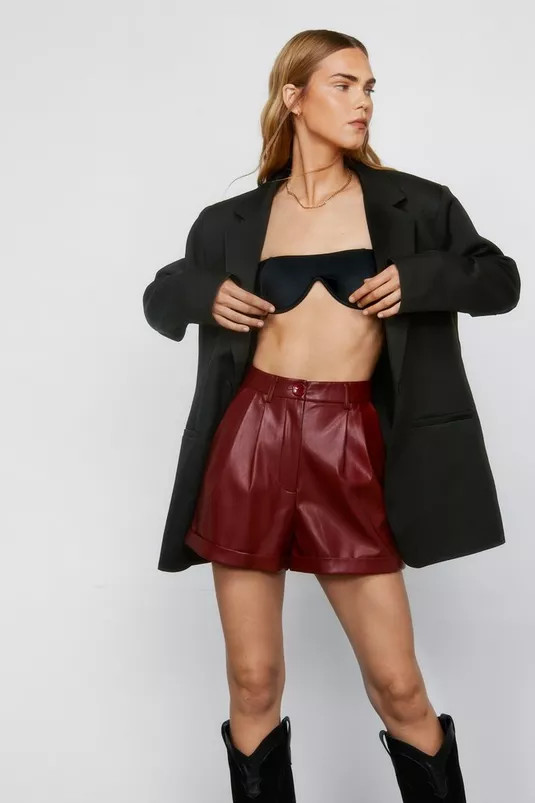 Faux Leather Pleated Roll Hem Shorts | Nasty Gal (US)
