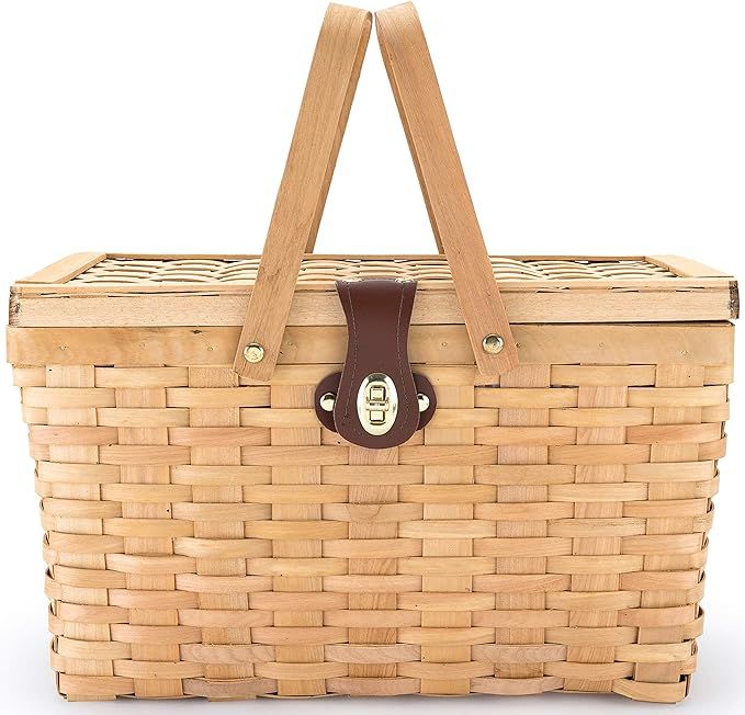 Picnic Basket | Wood Chip Design | Red and White Gingham Pattern Lining | Strong Wooden Folding H... | Amazon (US)