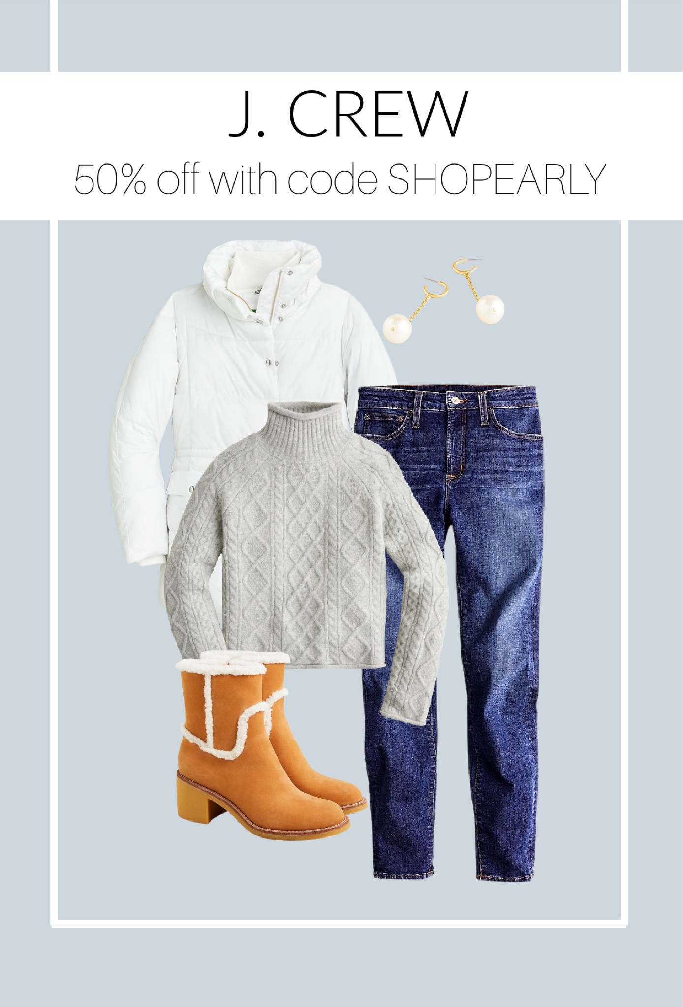 J. Crew sales are here! Grab 50% off full price with code SHOPEARLY! Loving this winter outfit inspo! Hurry hurry and grab while on major sale! 

jeans, women’s jeans, winter boots, pearl earrings, winter outfit inspiration, white coat, sweater, winter style, j. crew, Black Friday sales, holiday sales, cyber sale

#LTKSeasonal #LTKCyberweek #LTKstyletip