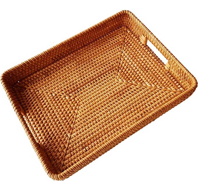 Rattan Handwoven Rectangular High Wall Severing Tray Food Storage Platters Plate with Handles for... | Amazon (UK)