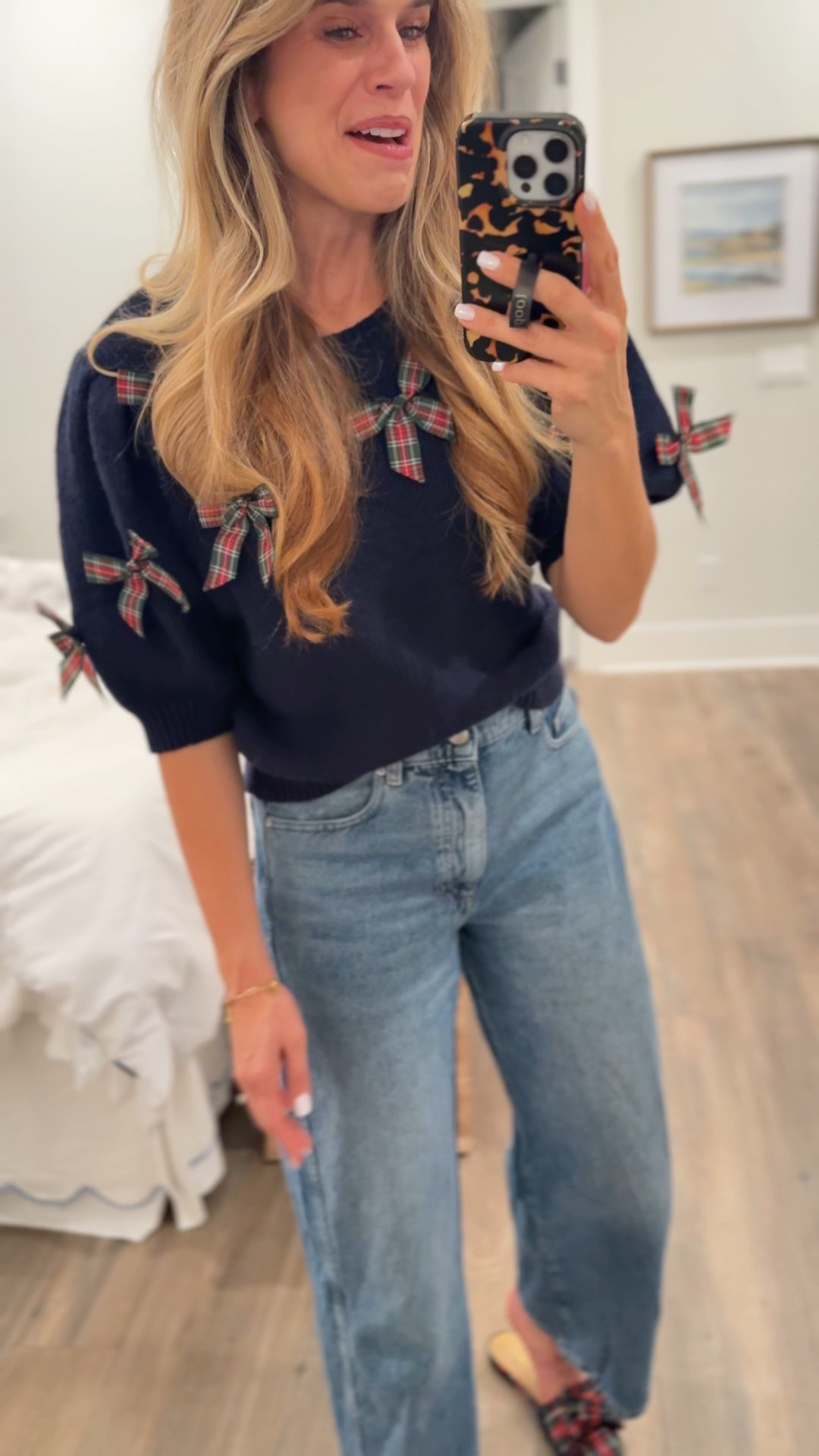 Plaid bow sweater, Jean and plaid bow mules